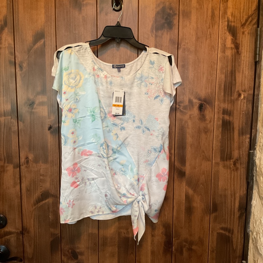 Democracy Pastel Floral Tie-Front Cold-Shoulder Top - Light Blue & Gray